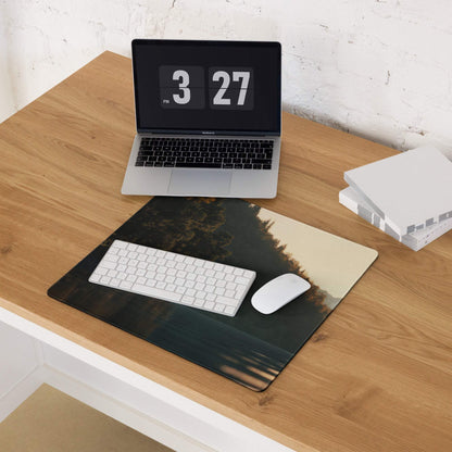 Premium large gaming mouse pad with forest scene print and stitched edges