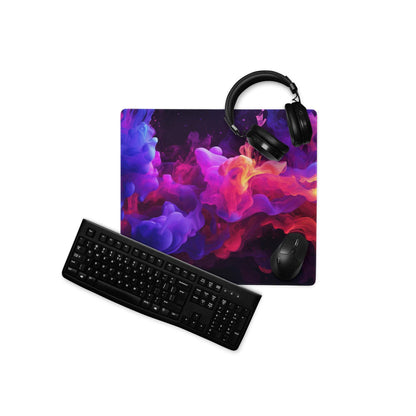 Vibrant purple pink nebula gaming mouse pad with keyboard headphones