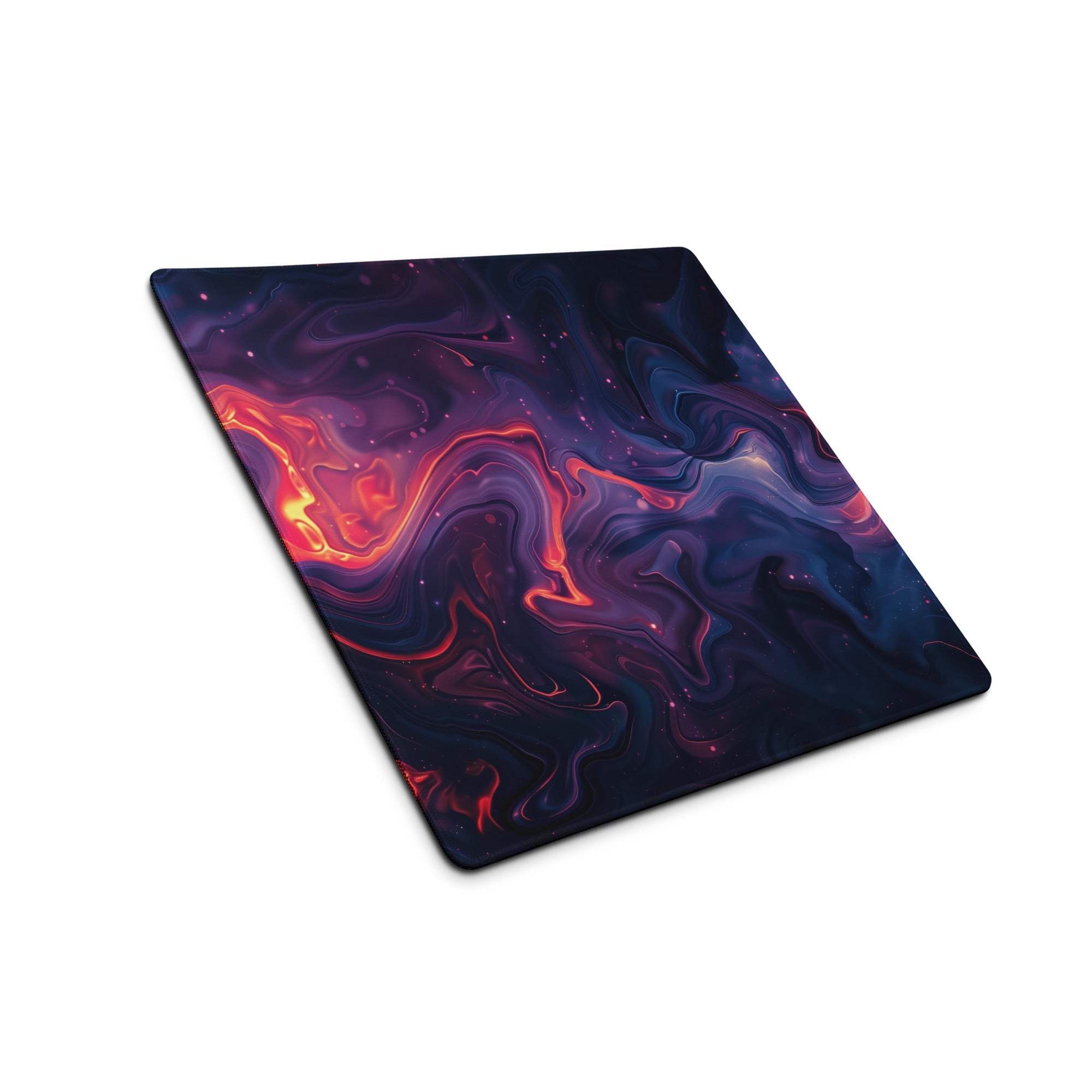 Vibrant nebula gaming mouse pad with cosmic purple orange design, non-slip base