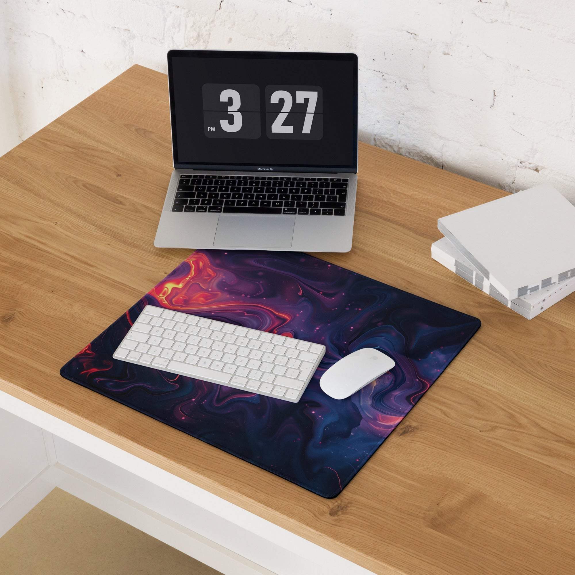 Vibrant abstract nebula gaming mouse pad with cosmic purple red orange design