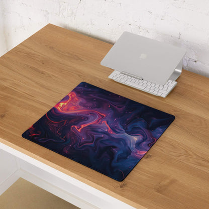 Vibrant abstract nebula gaming mouse pad with cosmic purple swirls, non-slip base
