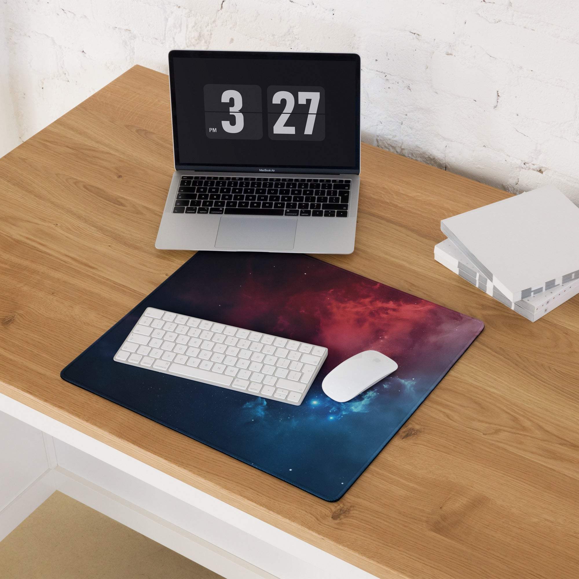 Cosmic Nebula gaming mouse pad with vibrant swirls, non-slip base, stitched edges