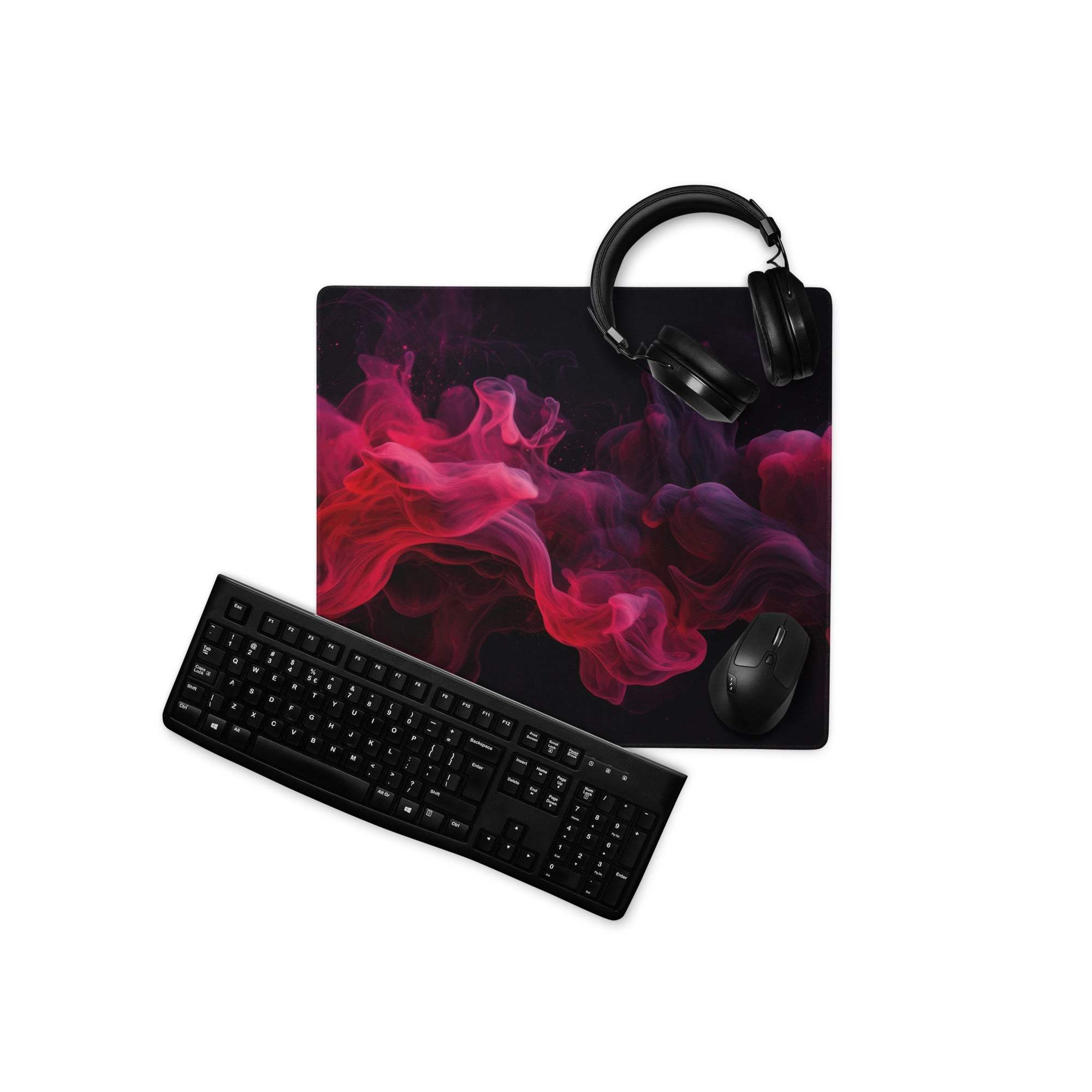 Premium ultra wide gaming mouse pad with vivid pink purple smoke on black