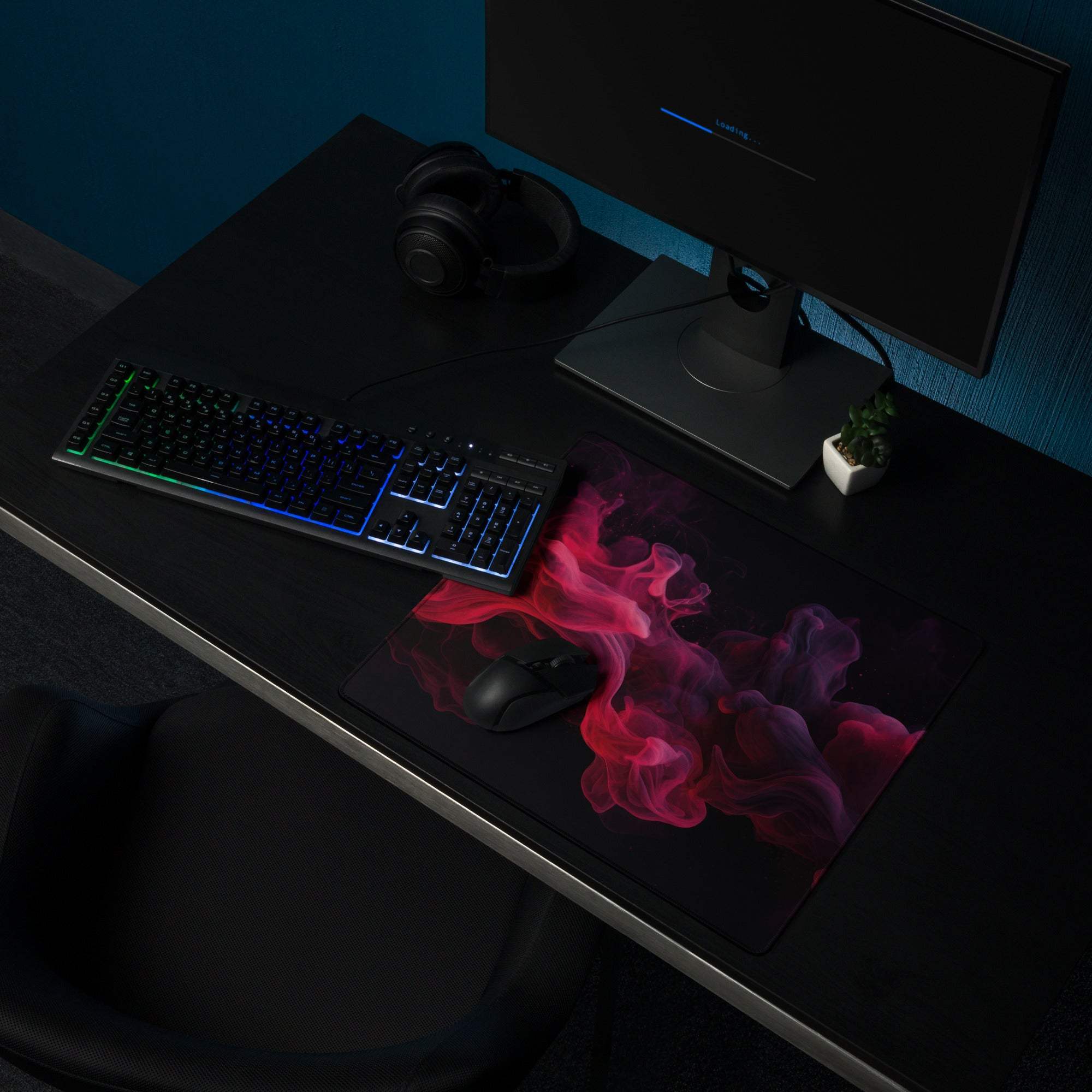 Premium ultra wide gaming mouse pad with vivid red purple smoke on black