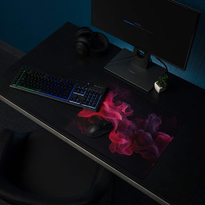 Premium ultra wide gaming mouse pad with vivid red purple smoke on black
