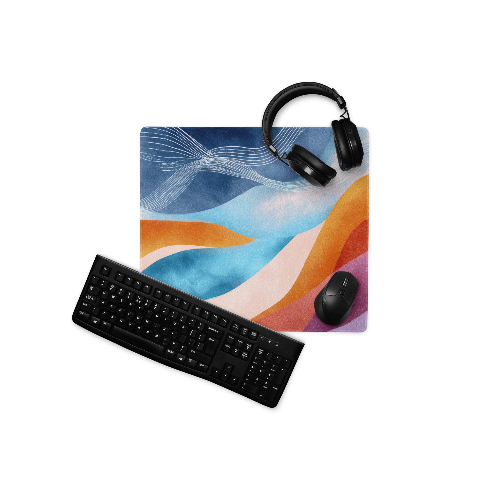 Vibrant abstract waves large gaming mouse pad with blue orange watercolor design