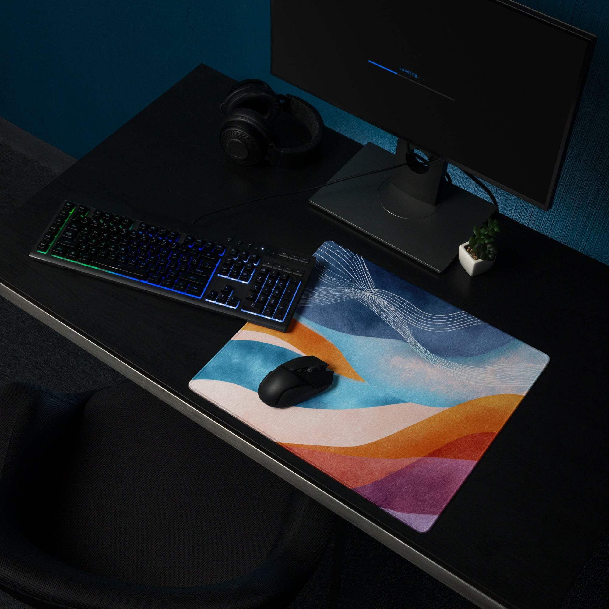 Vibrant abstract waves gaming mouse pad, large non-slip blue orange purple design