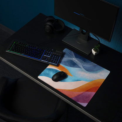 Vibrant abstract waves gaming mouse pad, large non-slip blue orange purple design