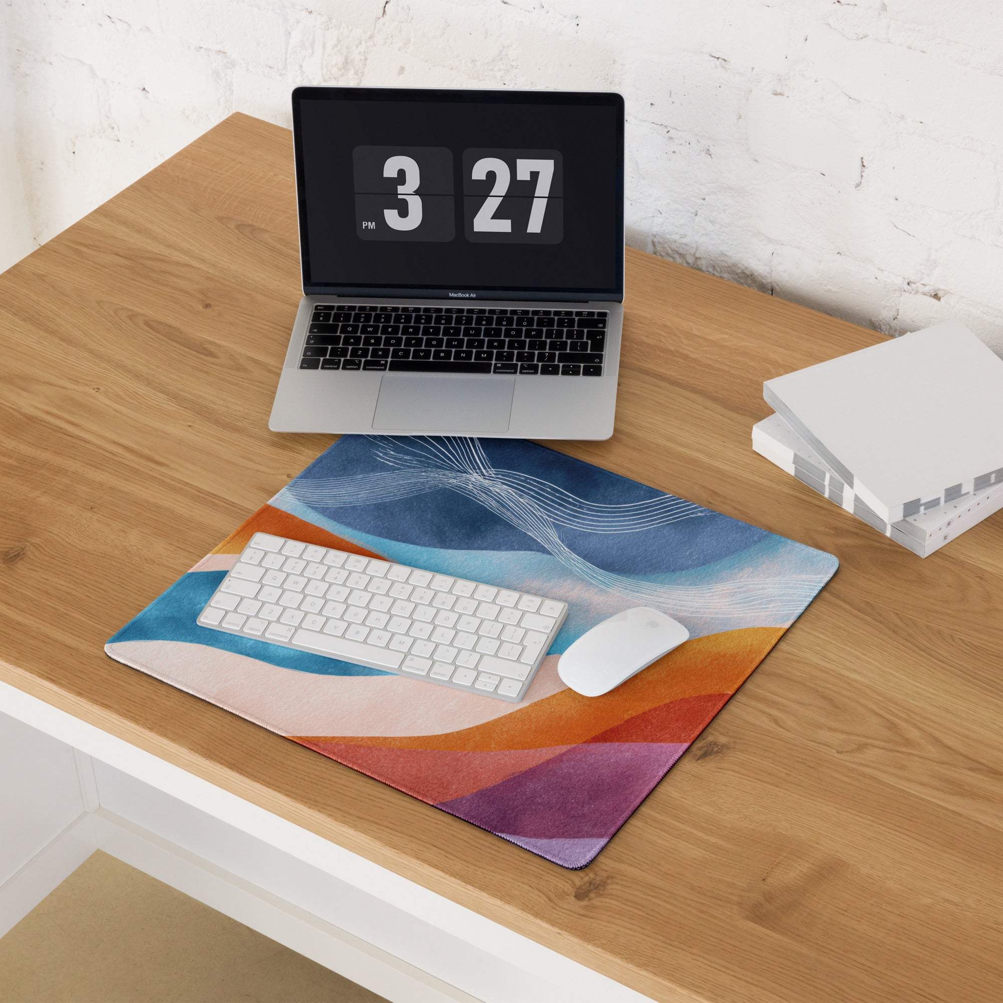 Vibrant abstract waves gaming mouse pad with non-slip base and stitched edges