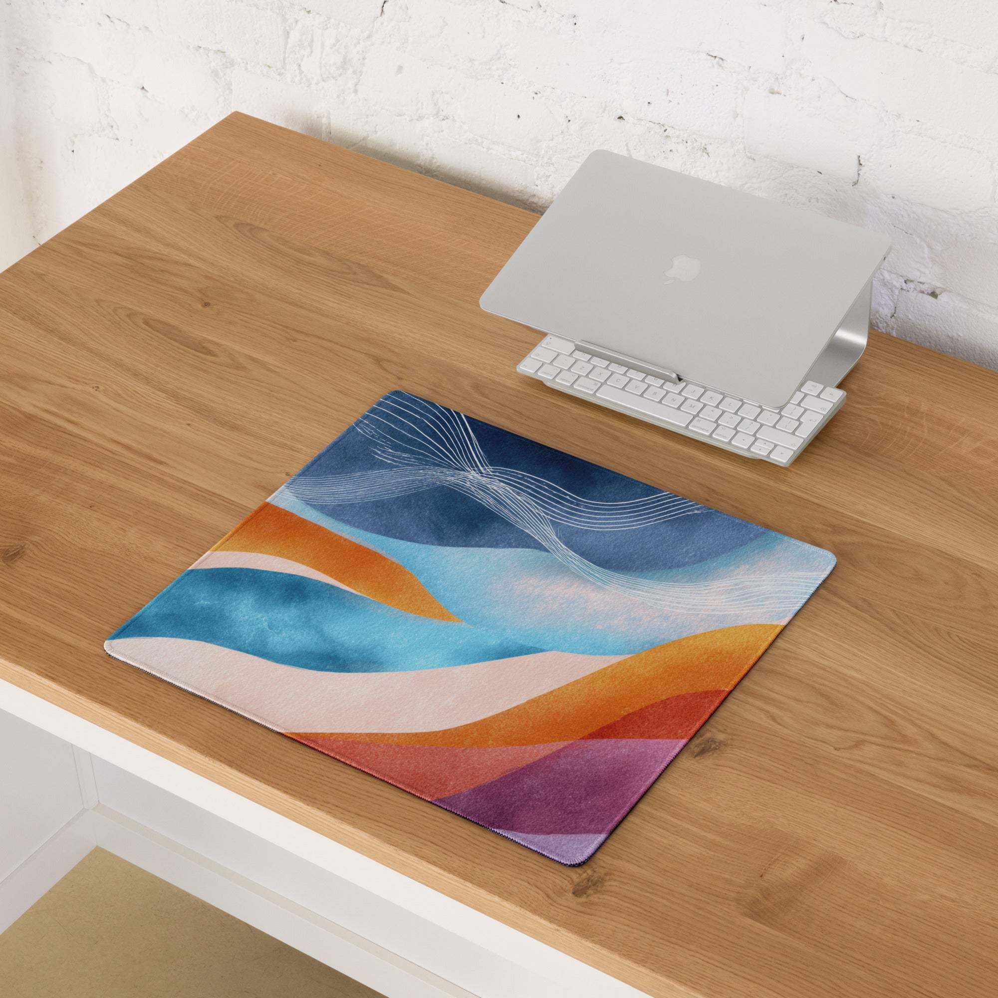 Vibrant abstract waves gaming mouse pad, large non-slip base, stitched edges