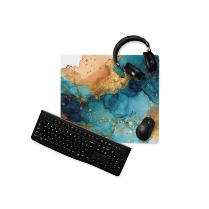 Elegant large teal blue gold marble gaming mouse pad with non-slip backing