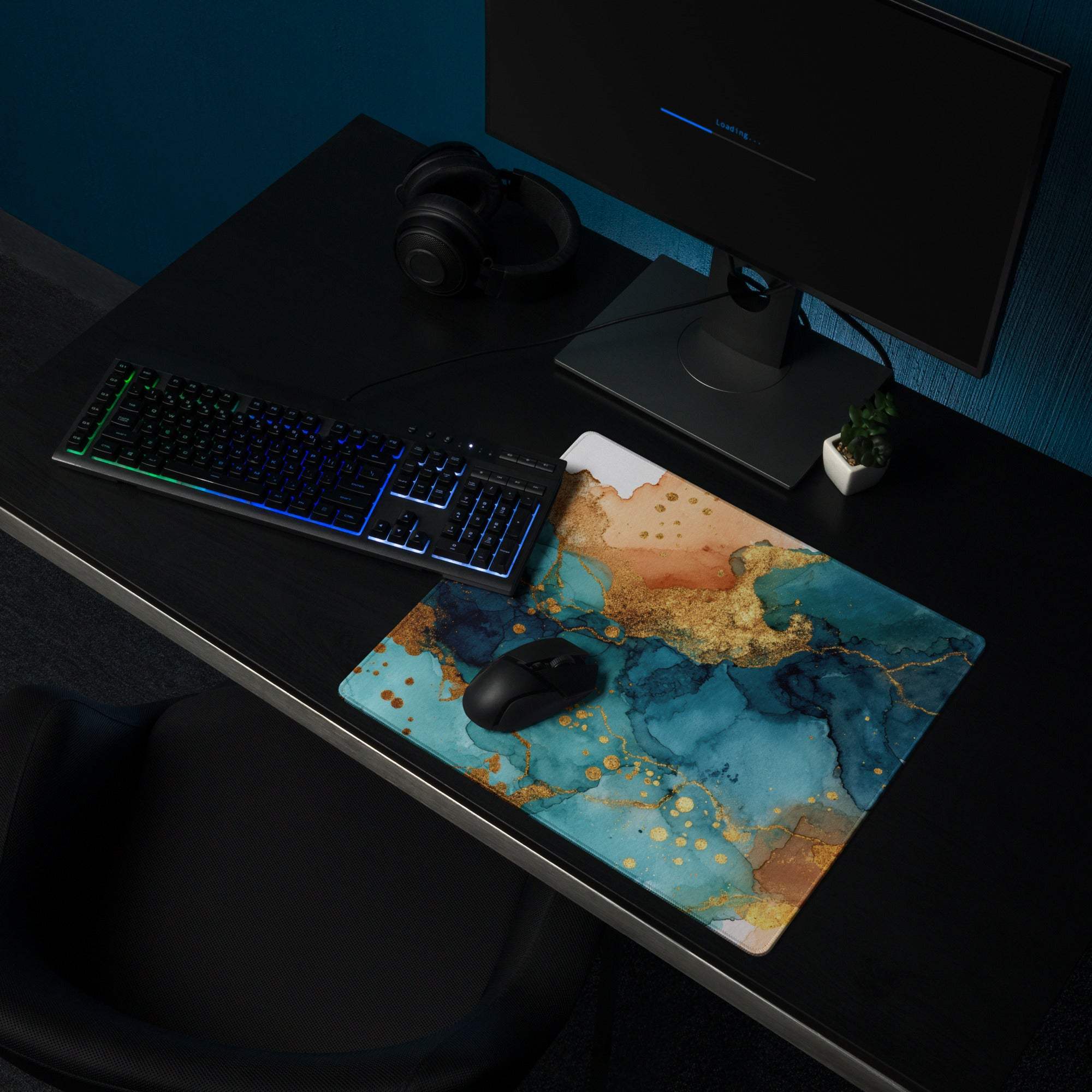 Elegant large teal gold marble gaming mouse pad with non-slip backing