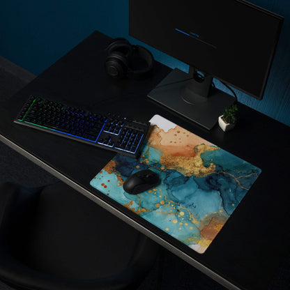 Elegant large teal gold marble gaming mouse pad with non-slip backing