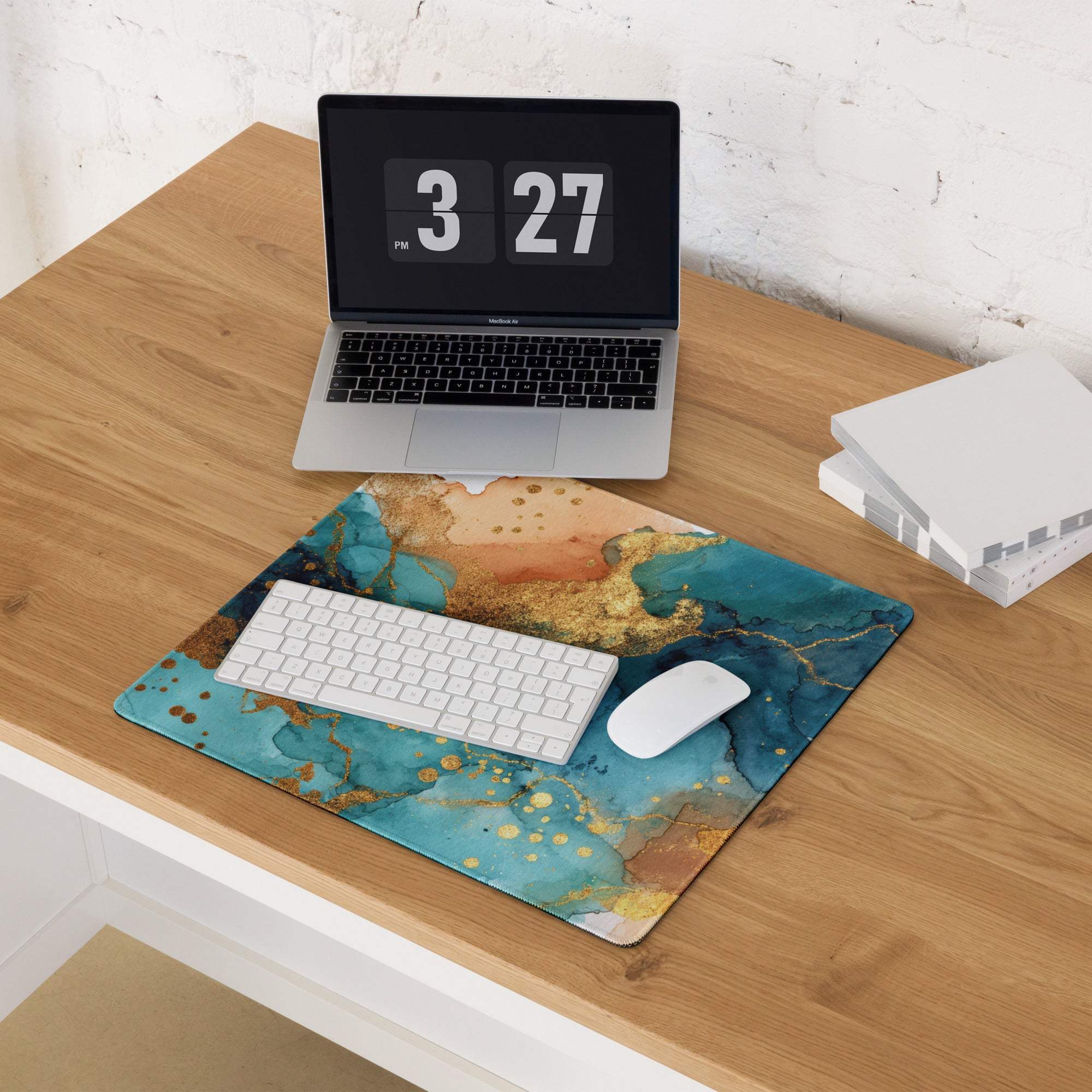 Elegant teal gold marble large gaming mouse pad with non-slip backing