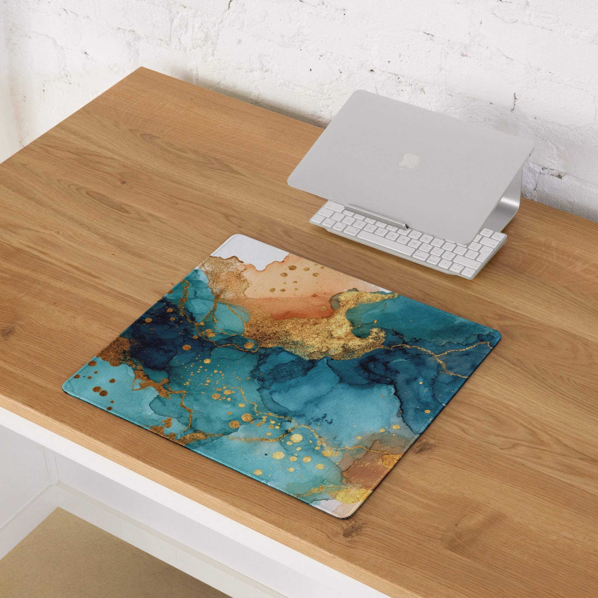 Elegant large teal blue gold marble gaming mouse pad with non-slip backing