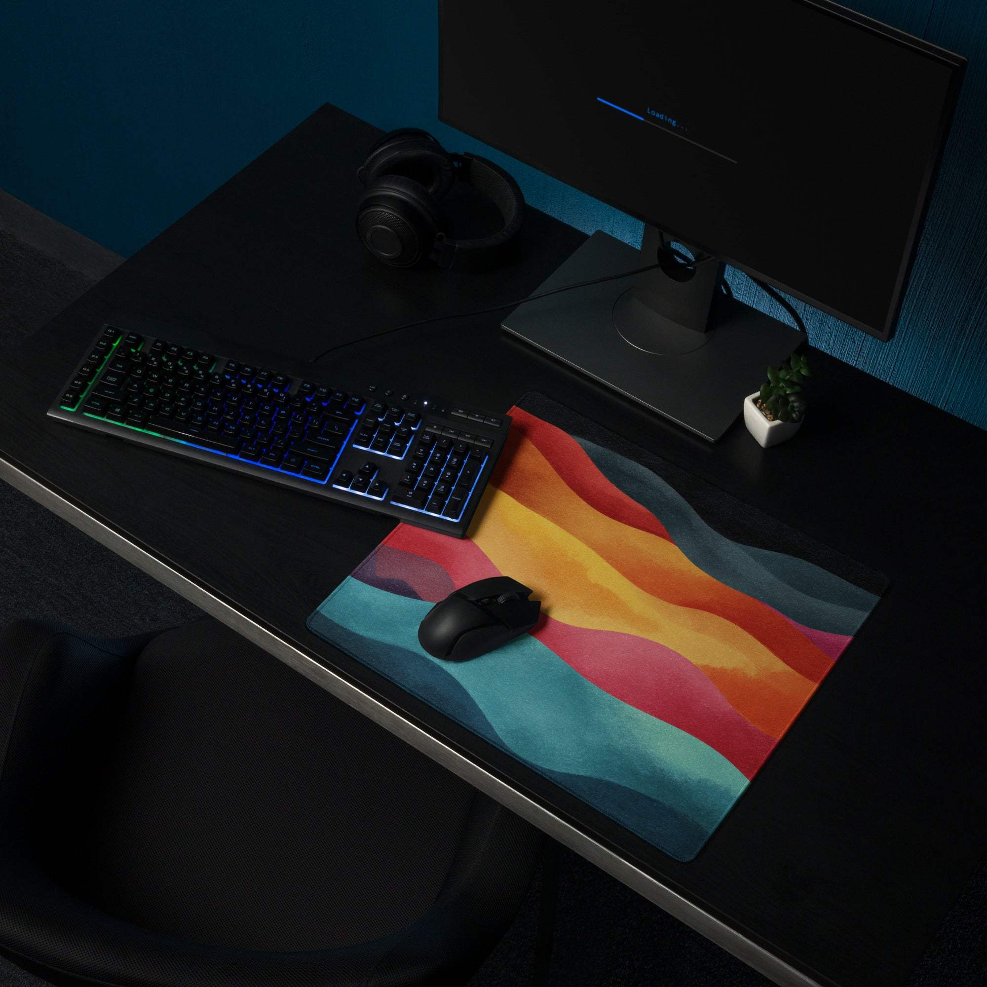 Vibrant wavy rainbow gaming mouse pad large non-slip base teal orange pink