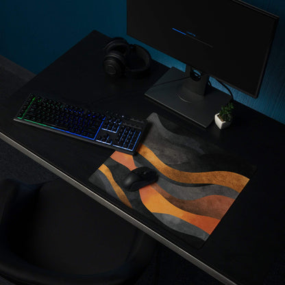 Abstract wave fiery orange black gaming mouse pad with non-slip backing