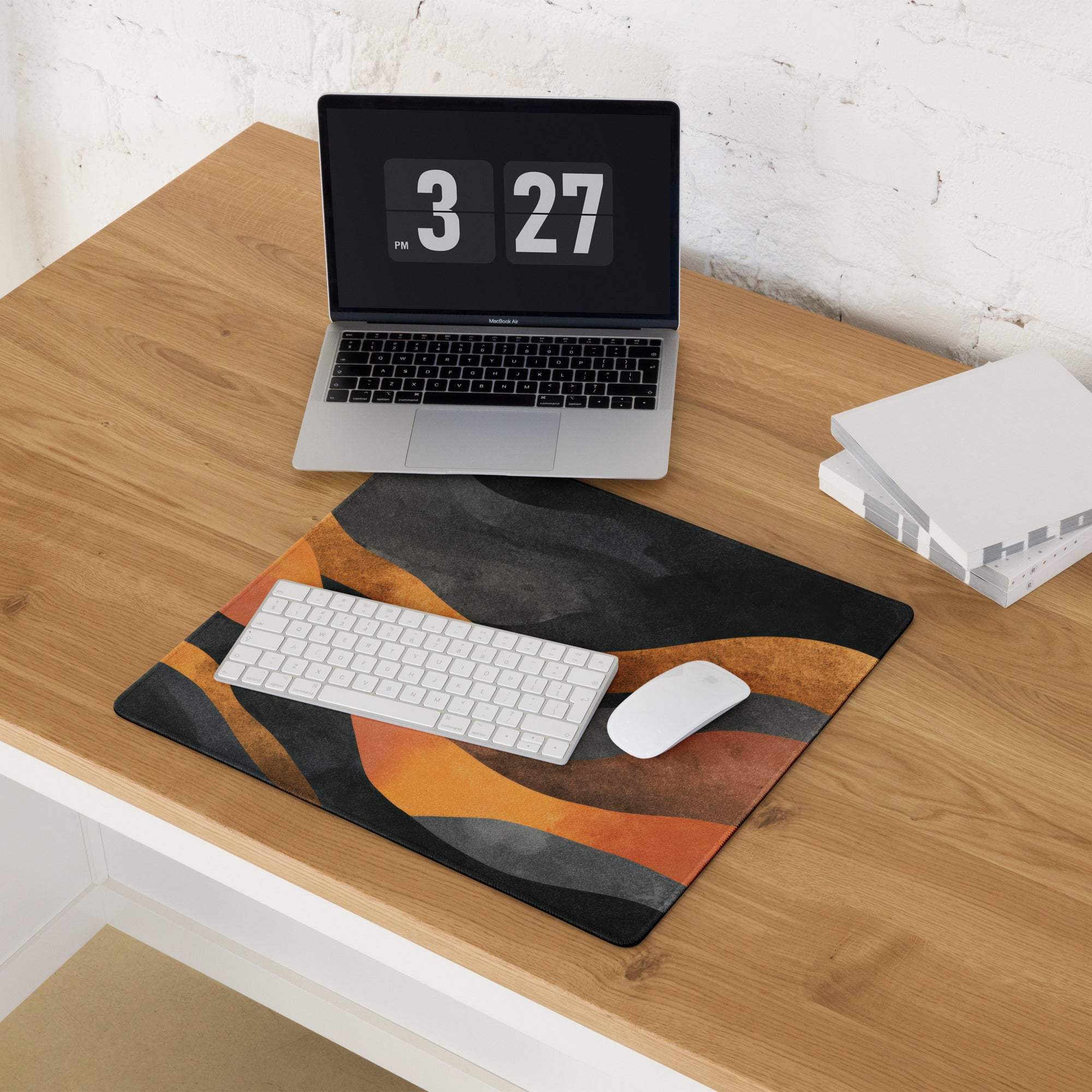 Abstract wave fiery orange black gaming mouse pad large non-slip backing