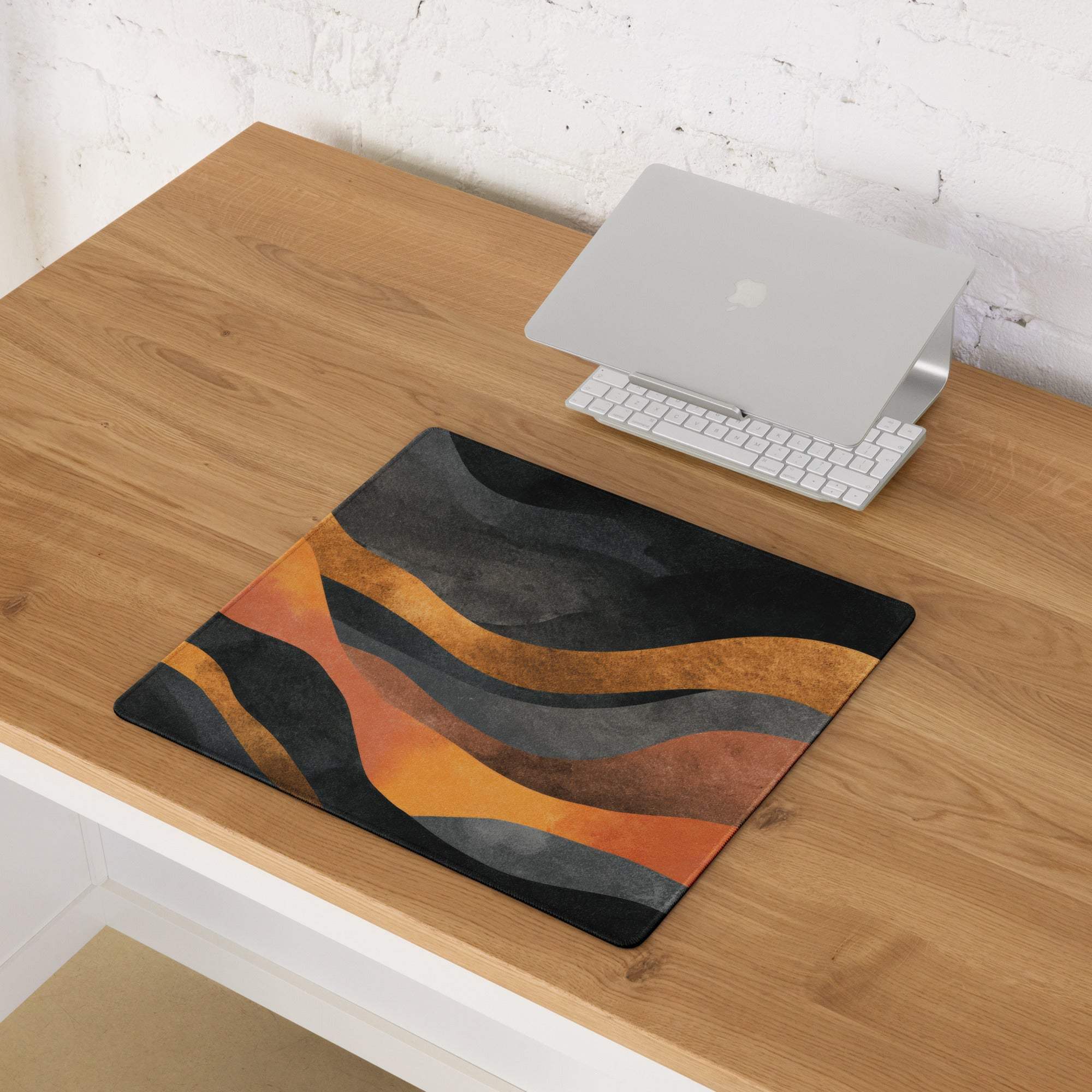 Abstract wave fiery orange black gaming mousepad with non-slip backing