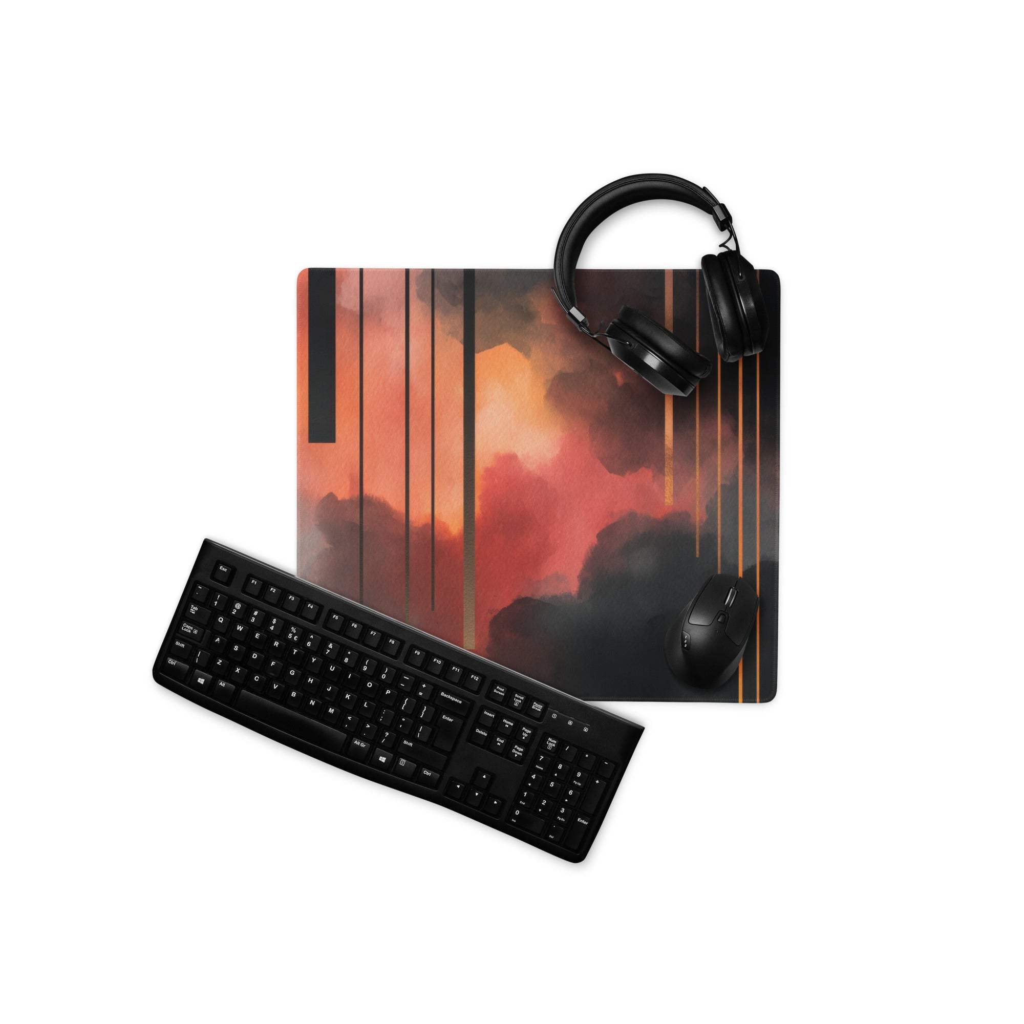 Black gaming mousepad with fiery orange red abstract neon sunset stripes