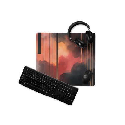 Black gaming mousepad with fiery orange red abstract neon sunset stripes