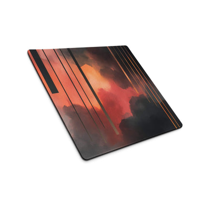 Abstract neon sunset gaming mouse pad with fiery orange clouds, gold stripes