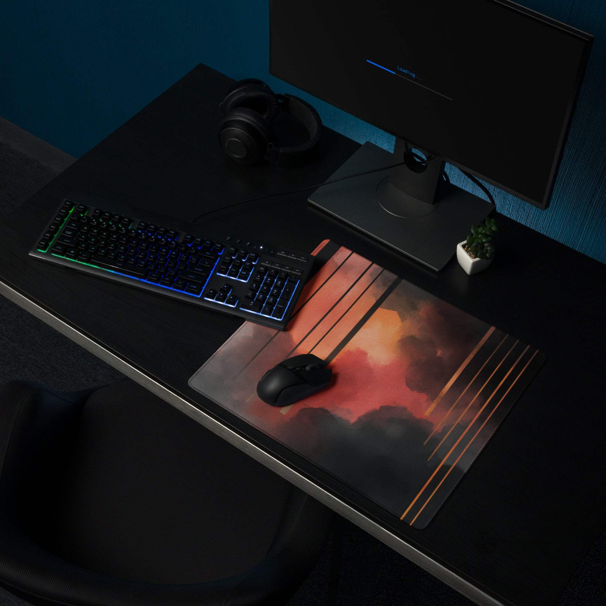 Abstract neon sunset gaming mouse pad with fiery orange black design and golden lines