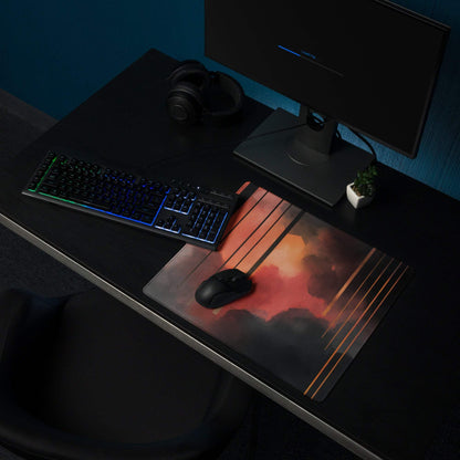 Abstract neon sunset gaming mouse pad with fiery orange black design and golden lines