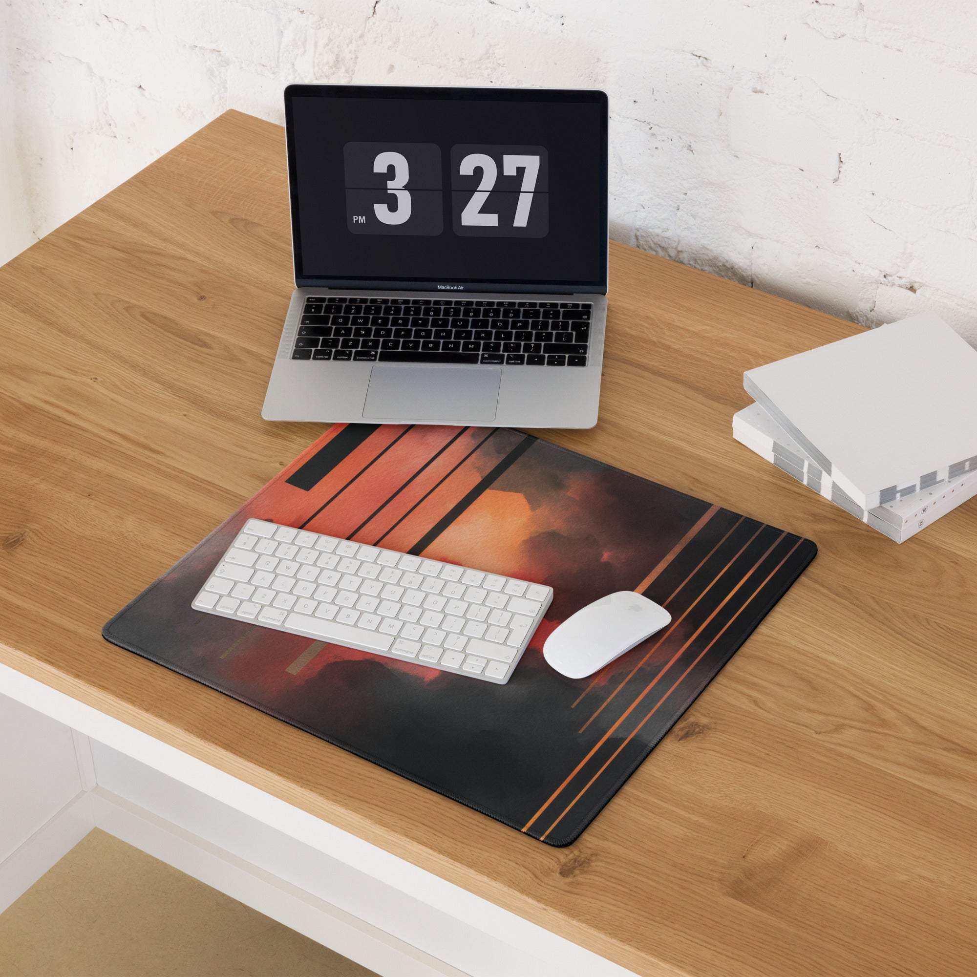 Black orange abstract gaming mousepad with diagonal stripes and non-slip base