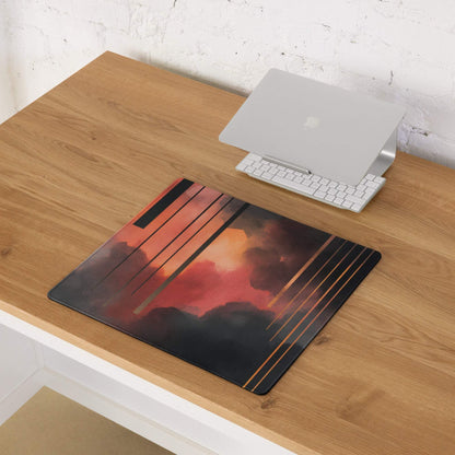 Abstract neon sunset gaming mouse pad with fiery orange red hues and gold lines