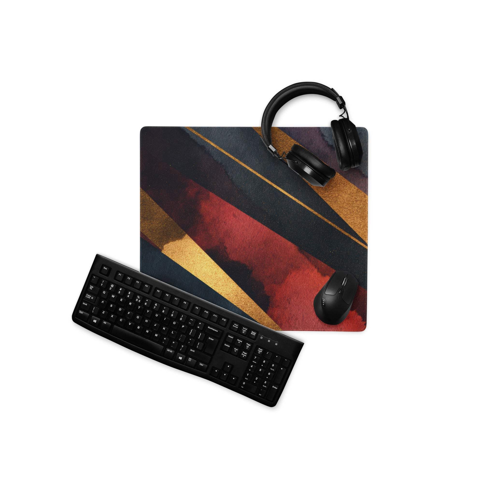 Large black gaming mousepad with red gold gray diagonal stripes, non-slip base