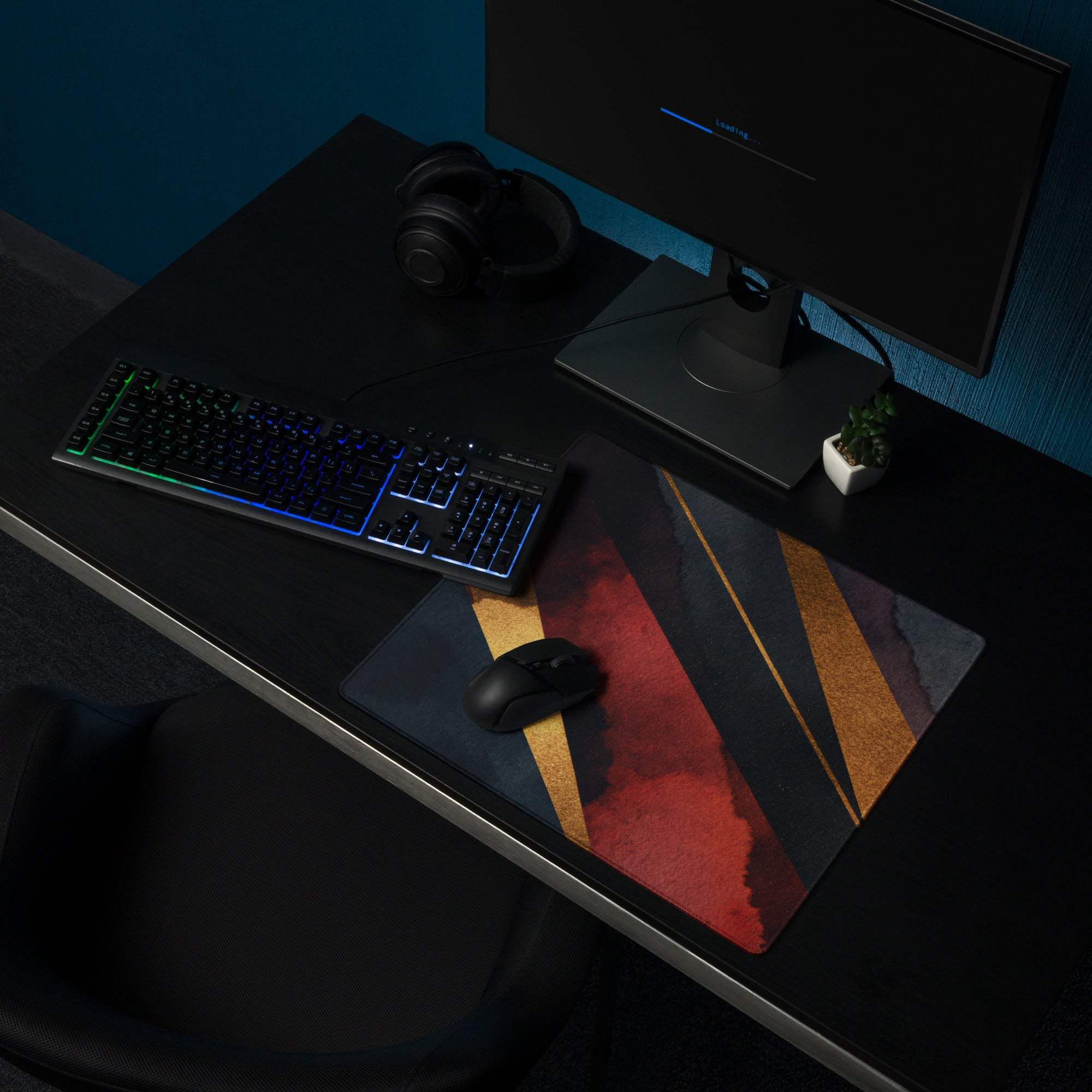 Large premium dark gold striped gaming mouse pad with non-slip base