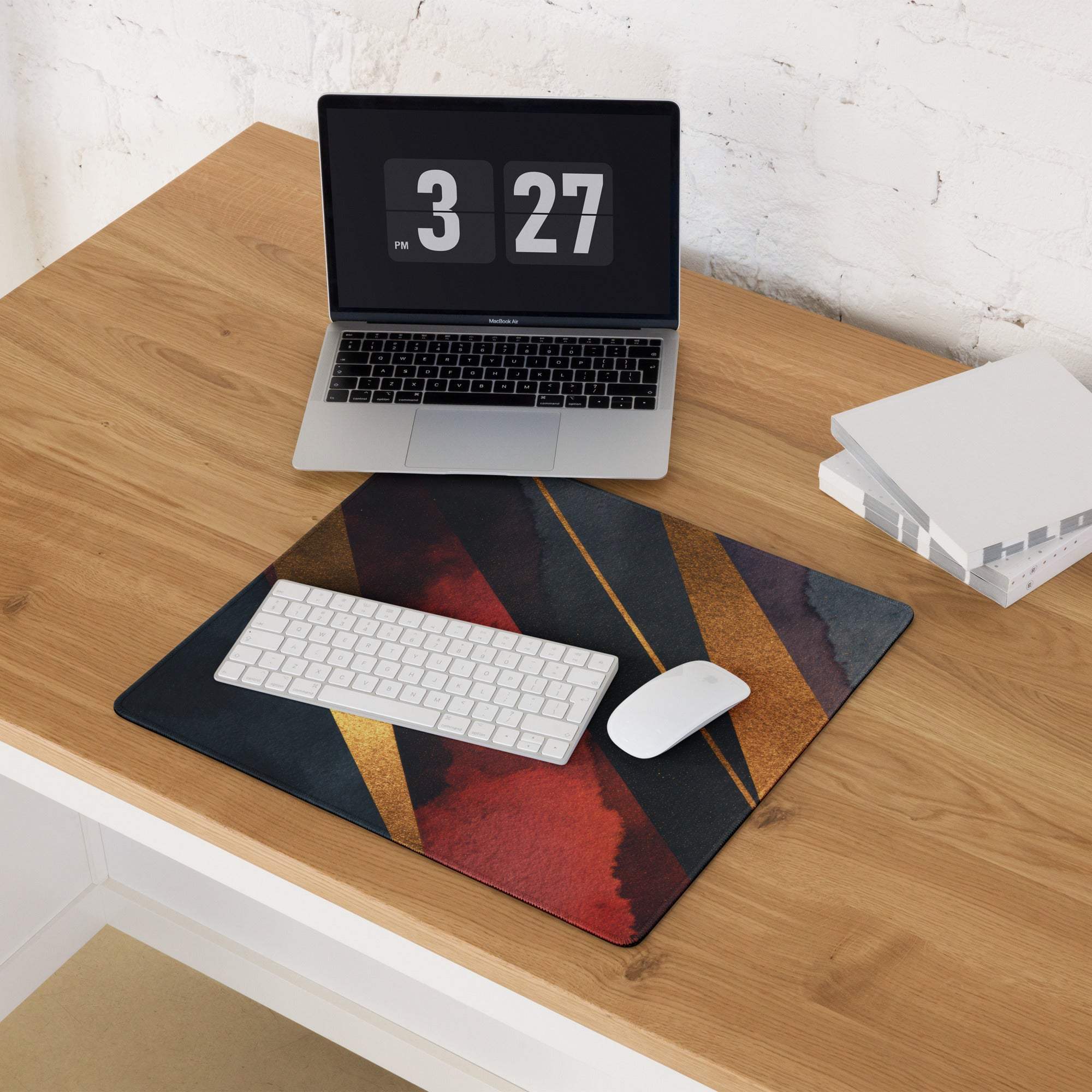 Large premium dark gold striped gaming mouse pad, black red gold textured design