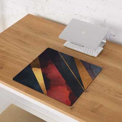 Large premium dark gold striped gaming mouse pad with red stripes, gold accents, black design, non-slip base, stitched edges