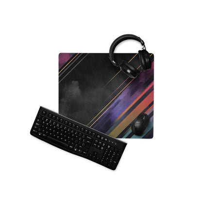 Black gaming mouse pad with vibrant purple orange teal diagonal stripes