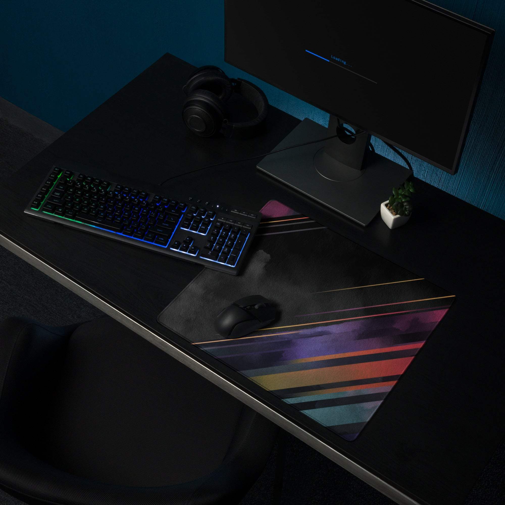 Vibrant diagonal stripe purple orange teal gaming mouse pad non-slip base
