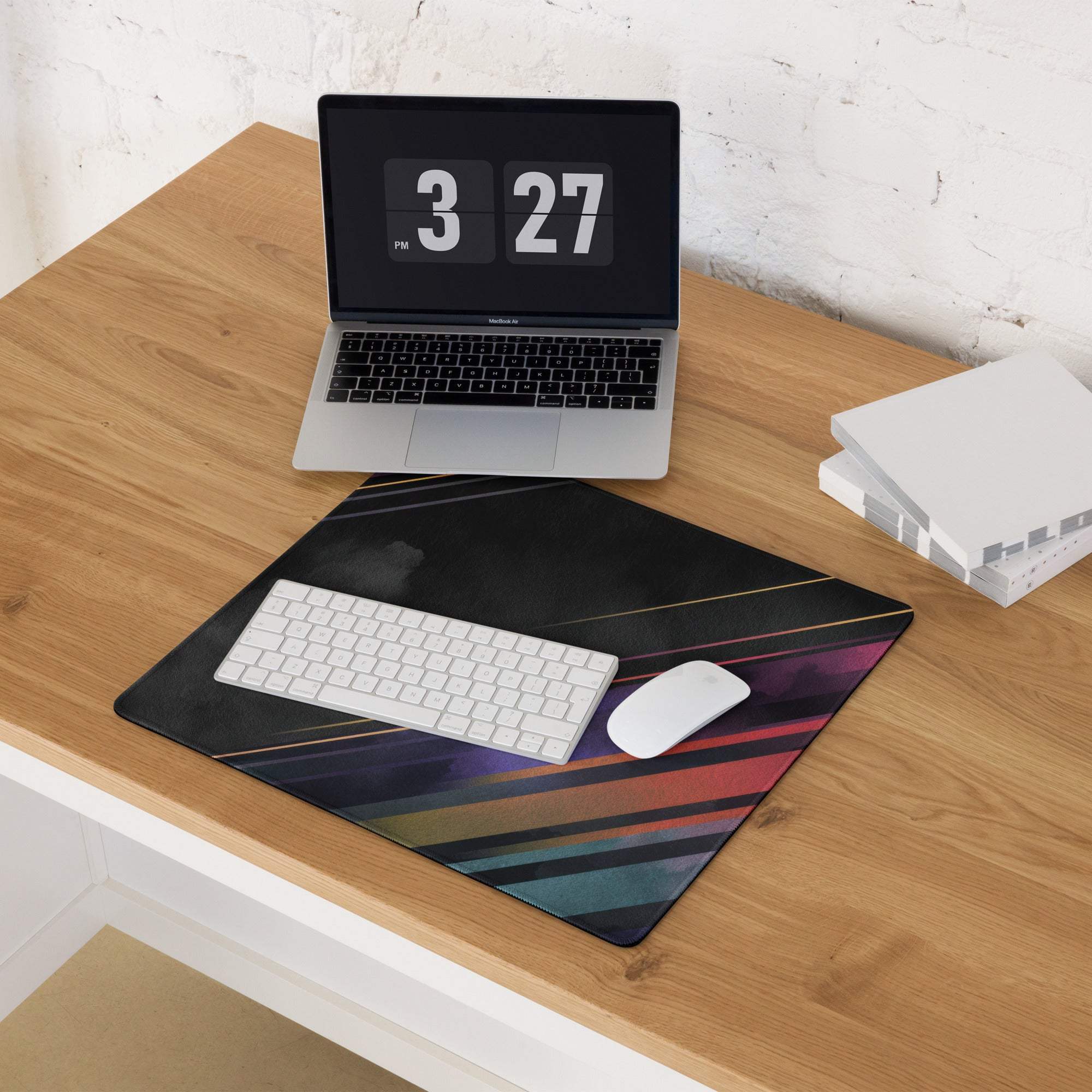 Vibrant diagonal stripe black purple red teal gaming mouse pad