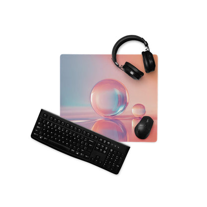 Gradient sunset large gaming mouse pad with pink blue iridescent bubbles