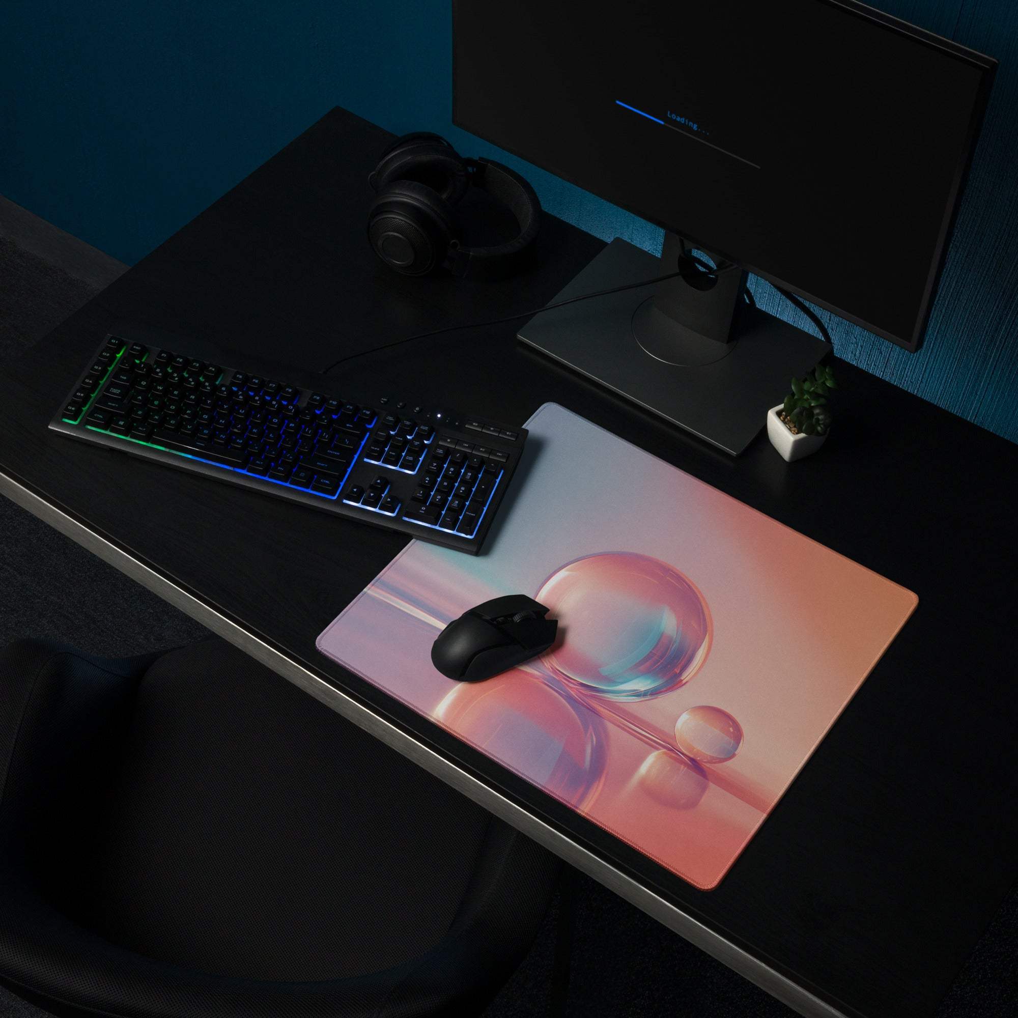 Gradient Sunset large gaming mouse pad with pink blue bubble design