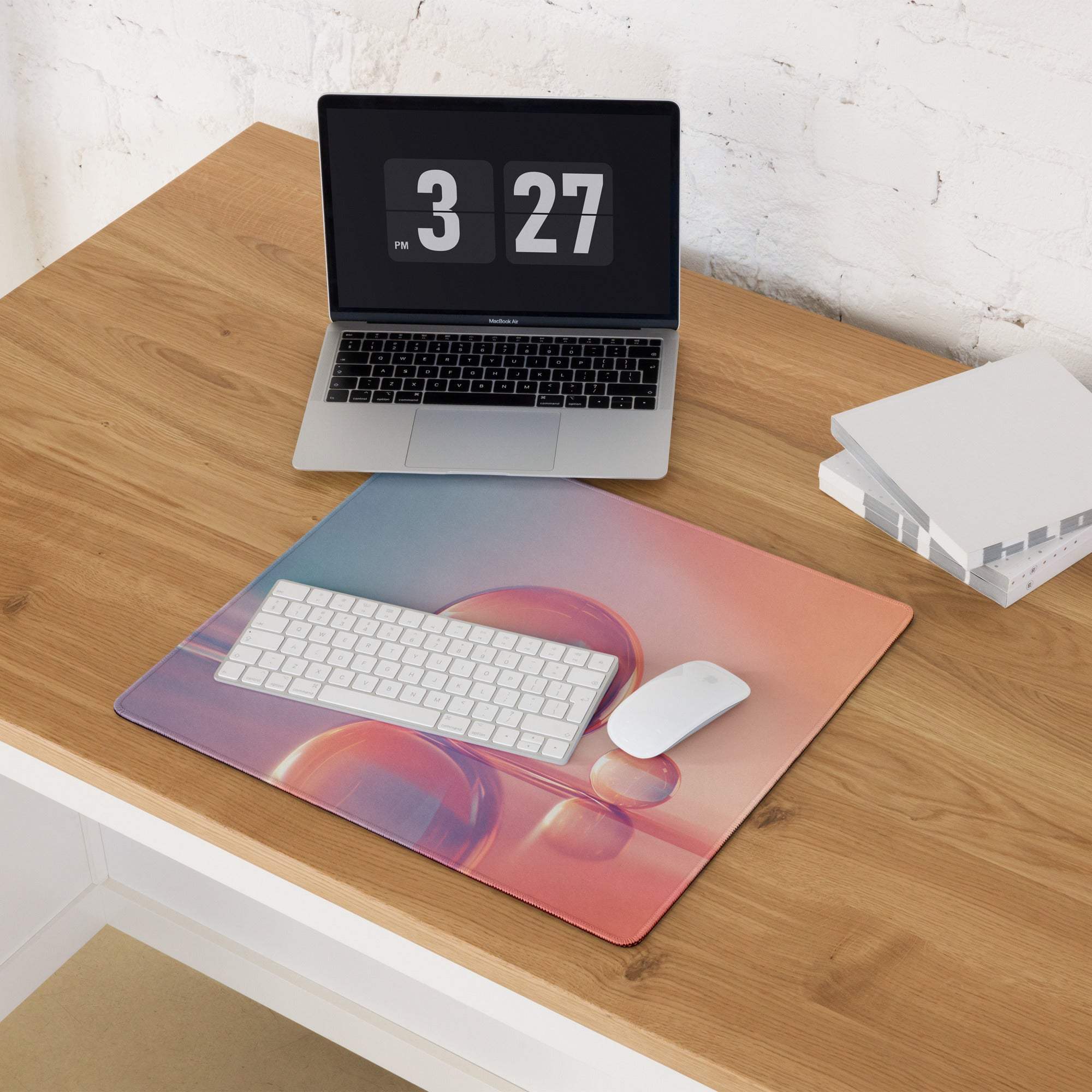Gradient Sunset large gaming mouse pad with pink purple blue hues and bubbles