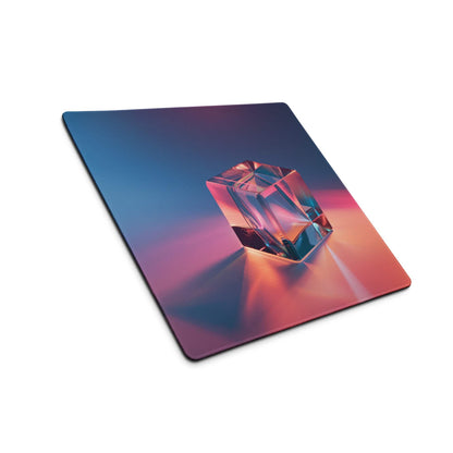 Vibrant neon gradient gaming mouse pad with faceted crystal cube, non-slip base