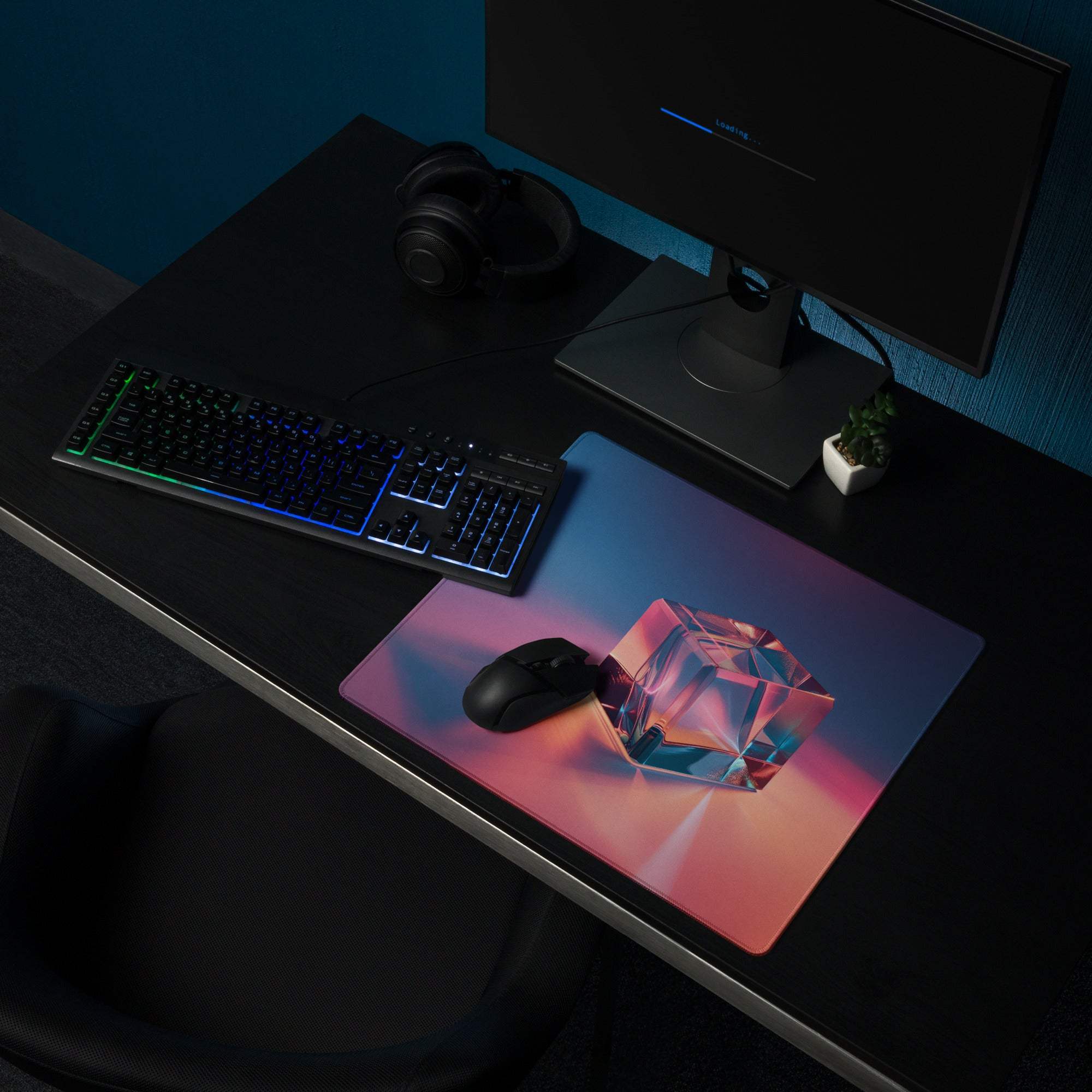 Vibrant neon gradient gaming mouse pad with pink-blue crystal cube, non-slip base