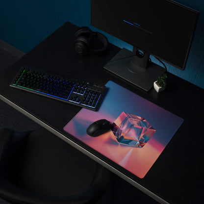 Vibrant neon gradient gaming mouse pad with pink-blue crystal cube, non-slip base