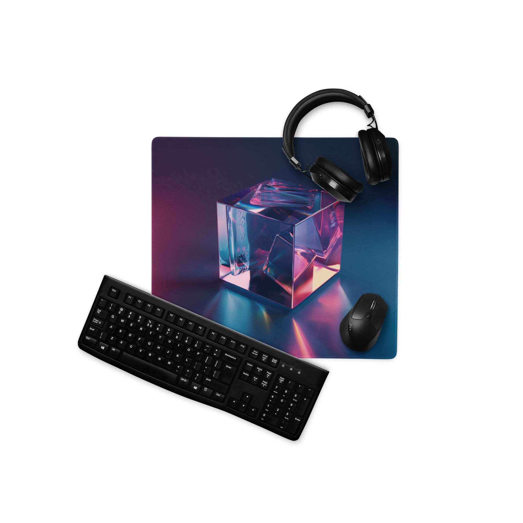 Large neon gradient gaming mouse pad with iridescent cube design