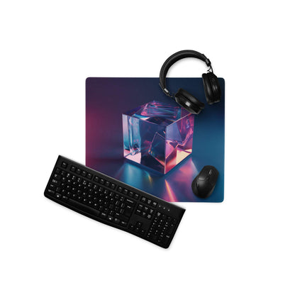 Large neon gradient gaming mouse pad with iridescent cube design
