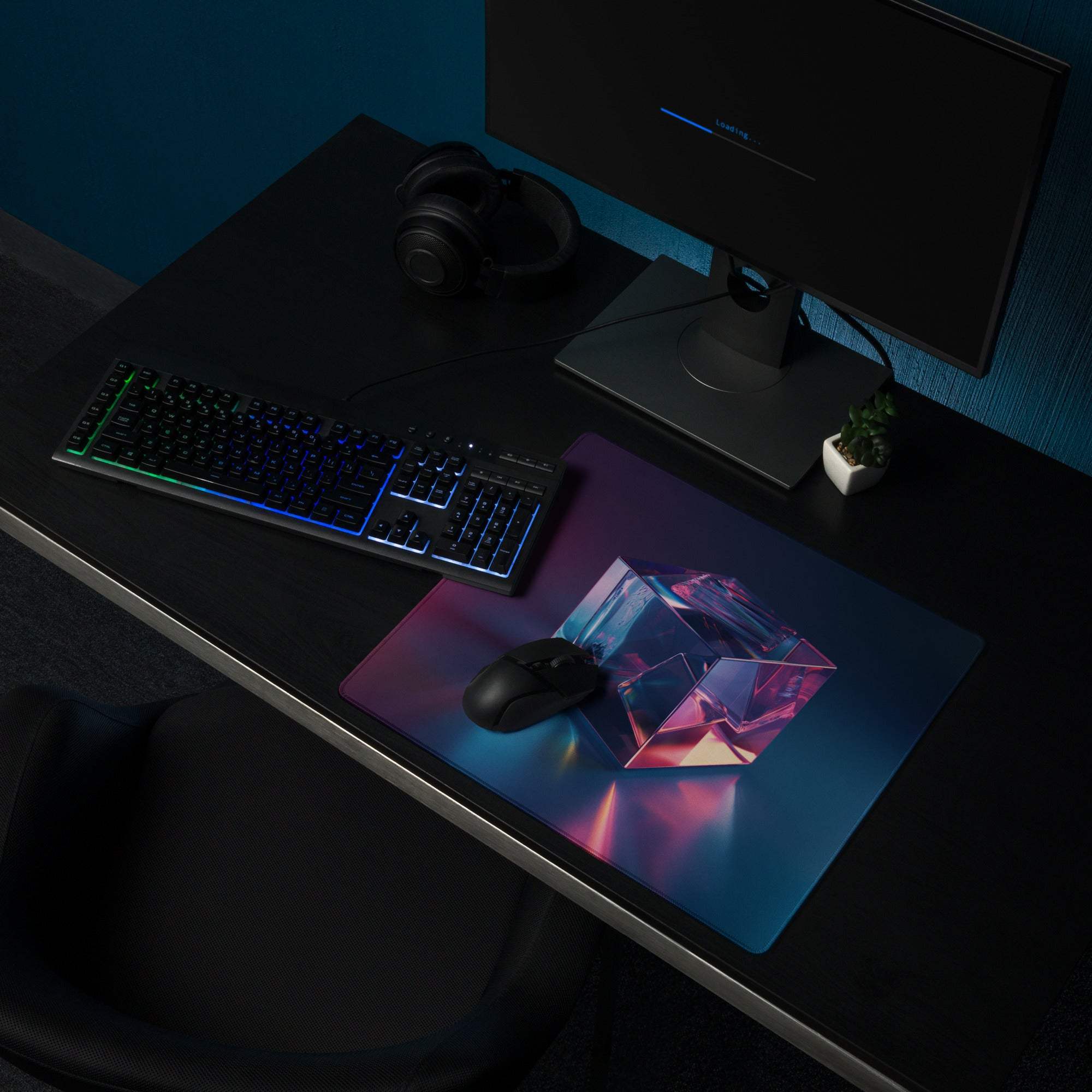 Large neon gradient gaming mouse pad with iridescent pink blue geometric design