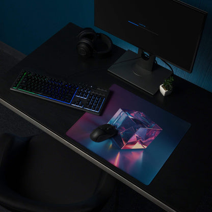 Large neon gradient gaming mouse pad with iridescent pink blue geometric design