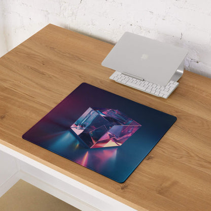 Large neon gradient gaming mouse pad with iridescent purple blue geometric design