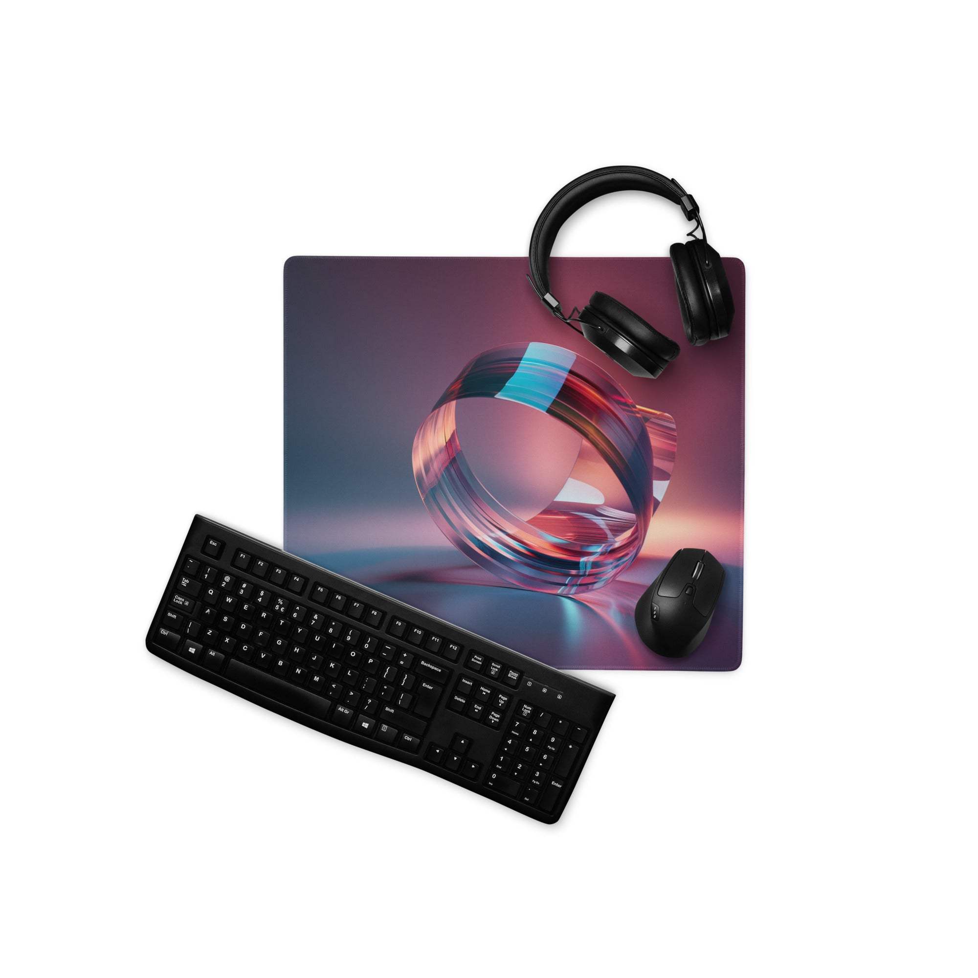 Vibrant ring abstract large gaming mouse pad with neon pink blue glass design