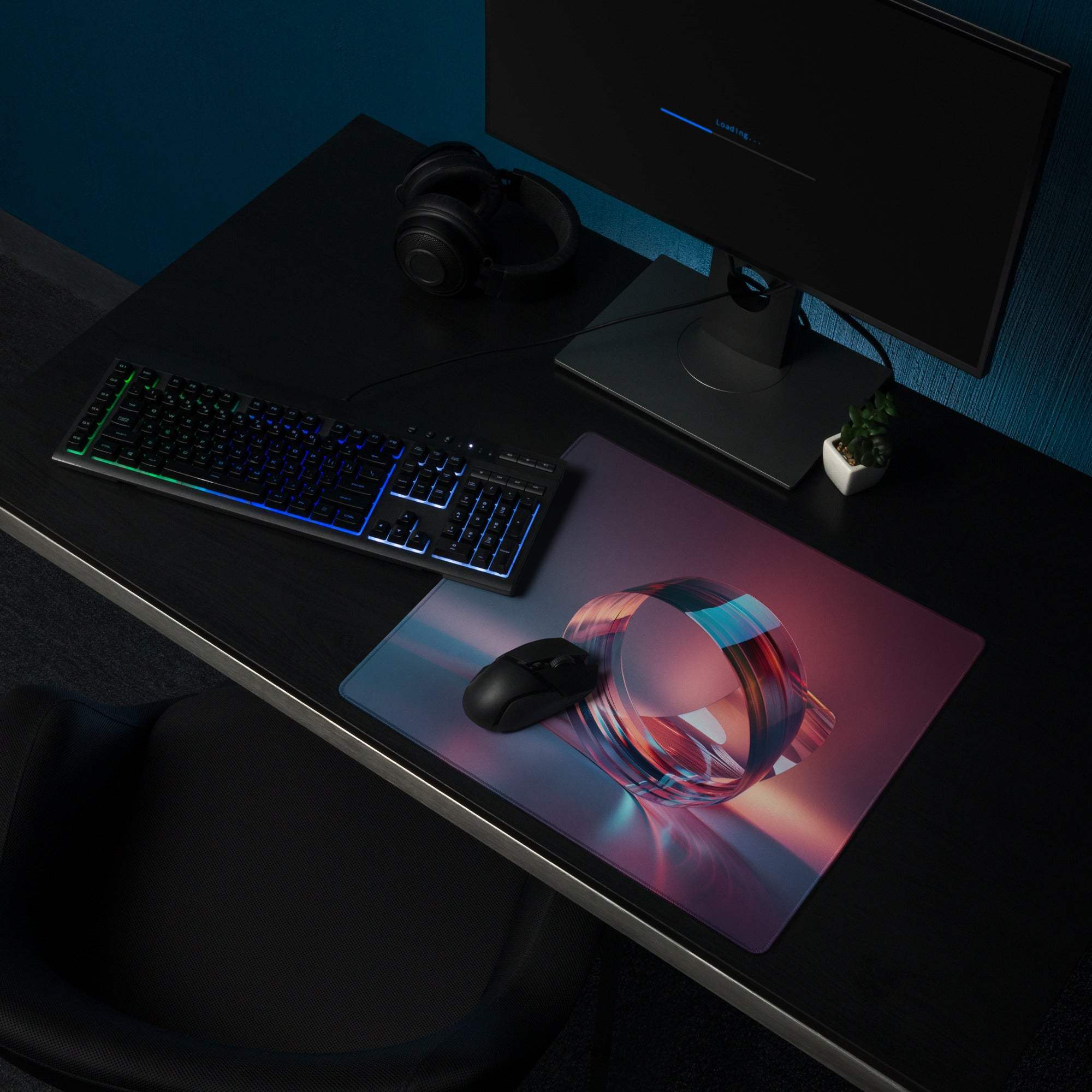 Vibrant ring abstract large gaming mouse pad with holographic pink blue design